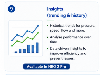 Insights (trending & history). Historical trends for pressure, speed, flow, and more — analyze performance and catch issues early.