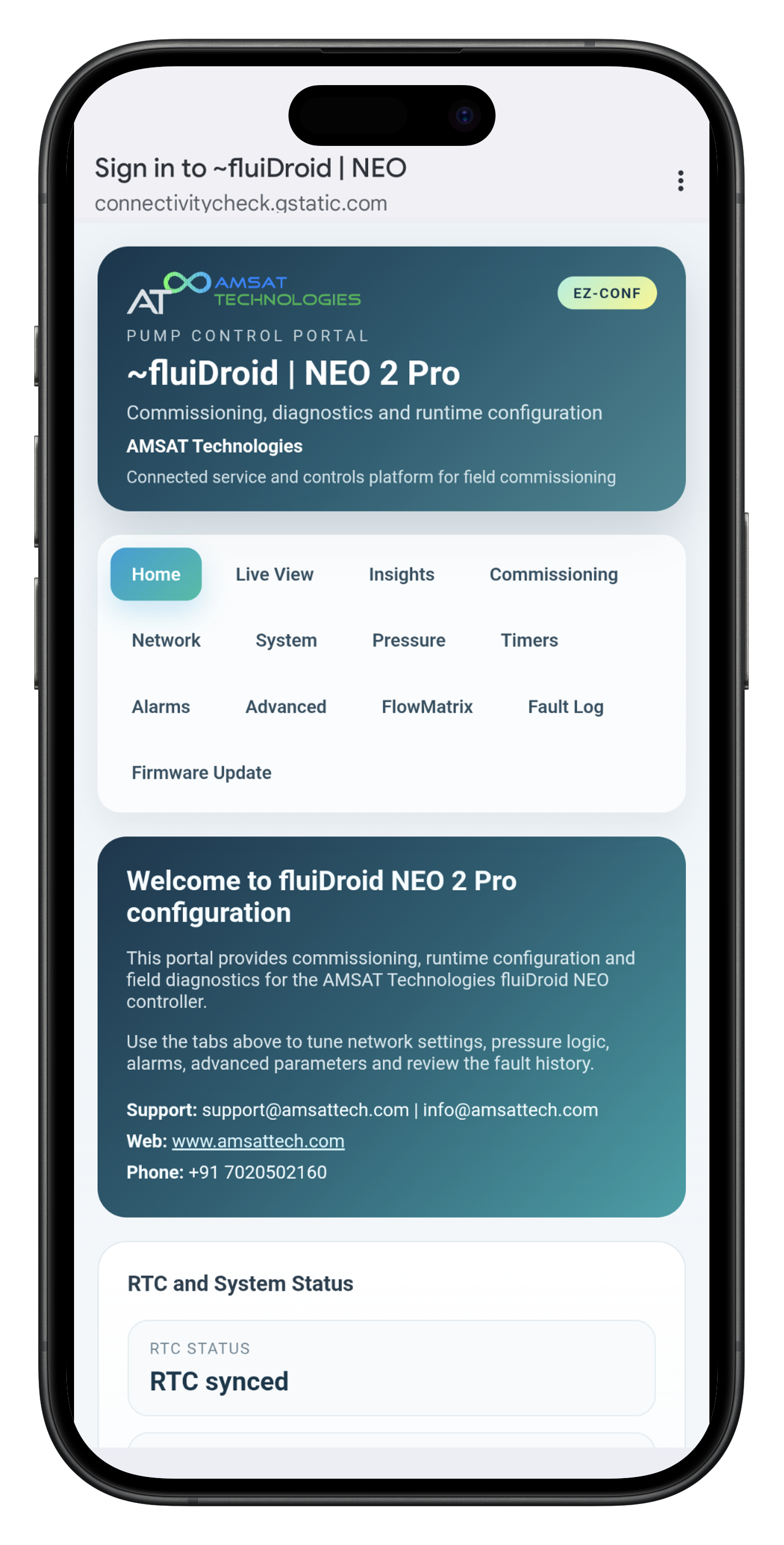 Captive portal Home for NEO 2 Pro with EZ-CONF navigation and welcome overview.