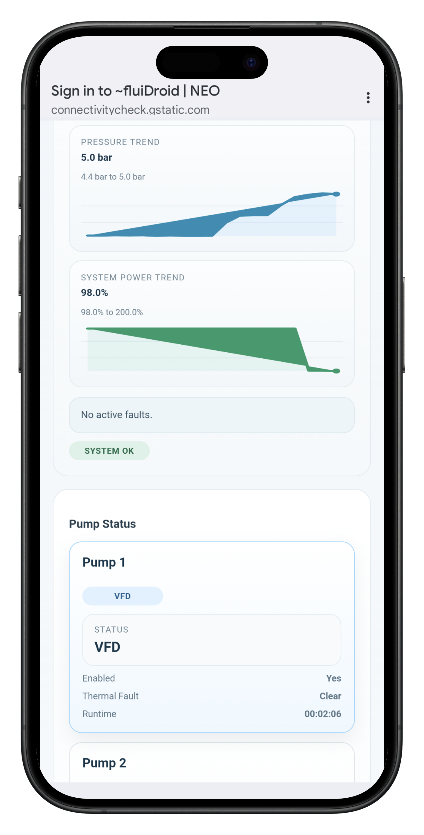 Captive portal runtime Home with pressure and system-power trends and pump status.