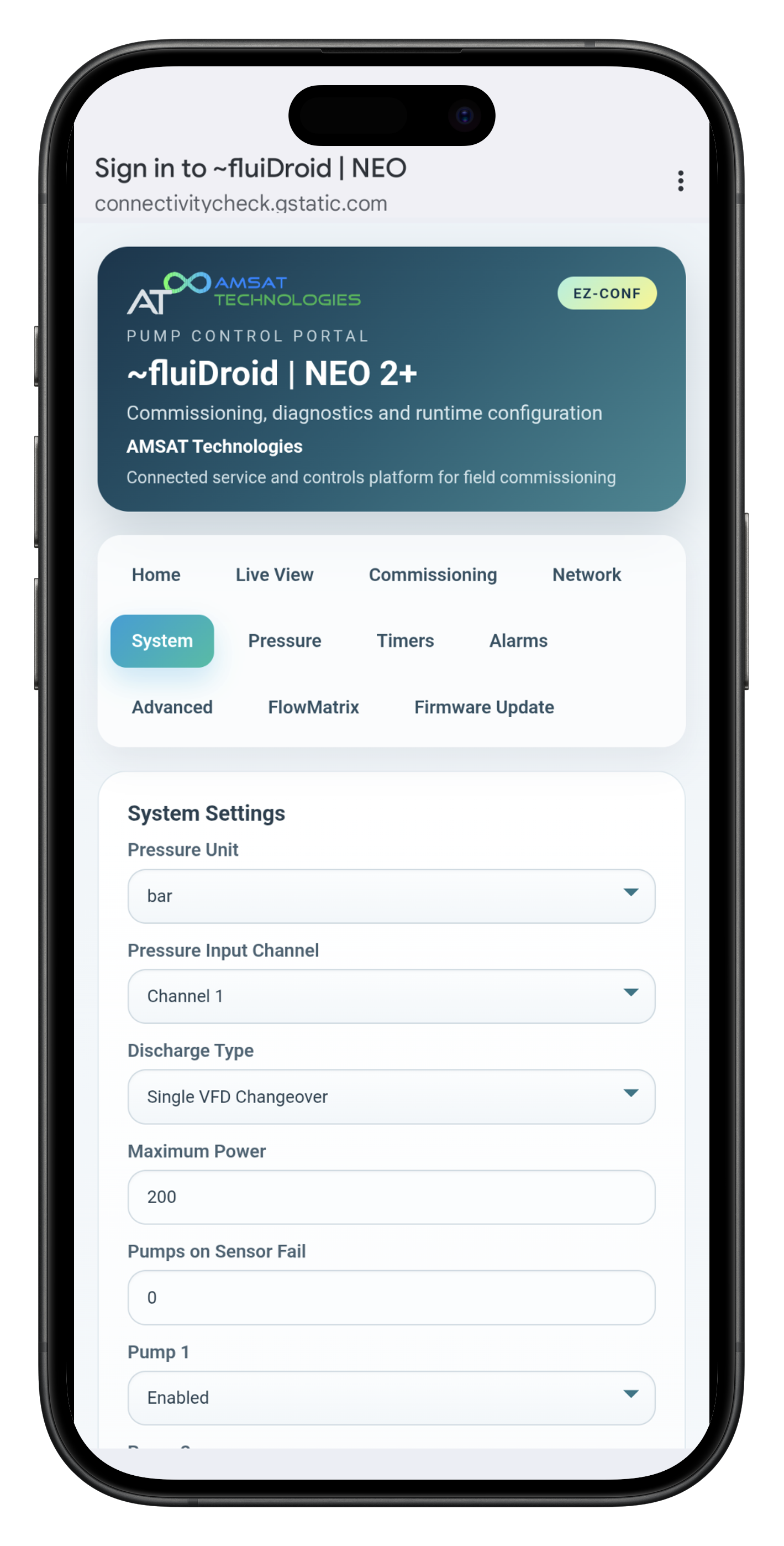 Captive portal System Settings for pressure unit, input channel, discharge type, and pumps.