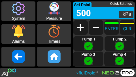 NEO 2 settings screen for configuring control parameters on the touch display.