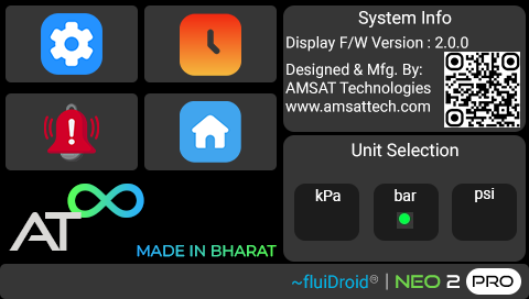 NEO 2 icon menu on the colour TFT for navigating Live View, settings, and commissioning.
