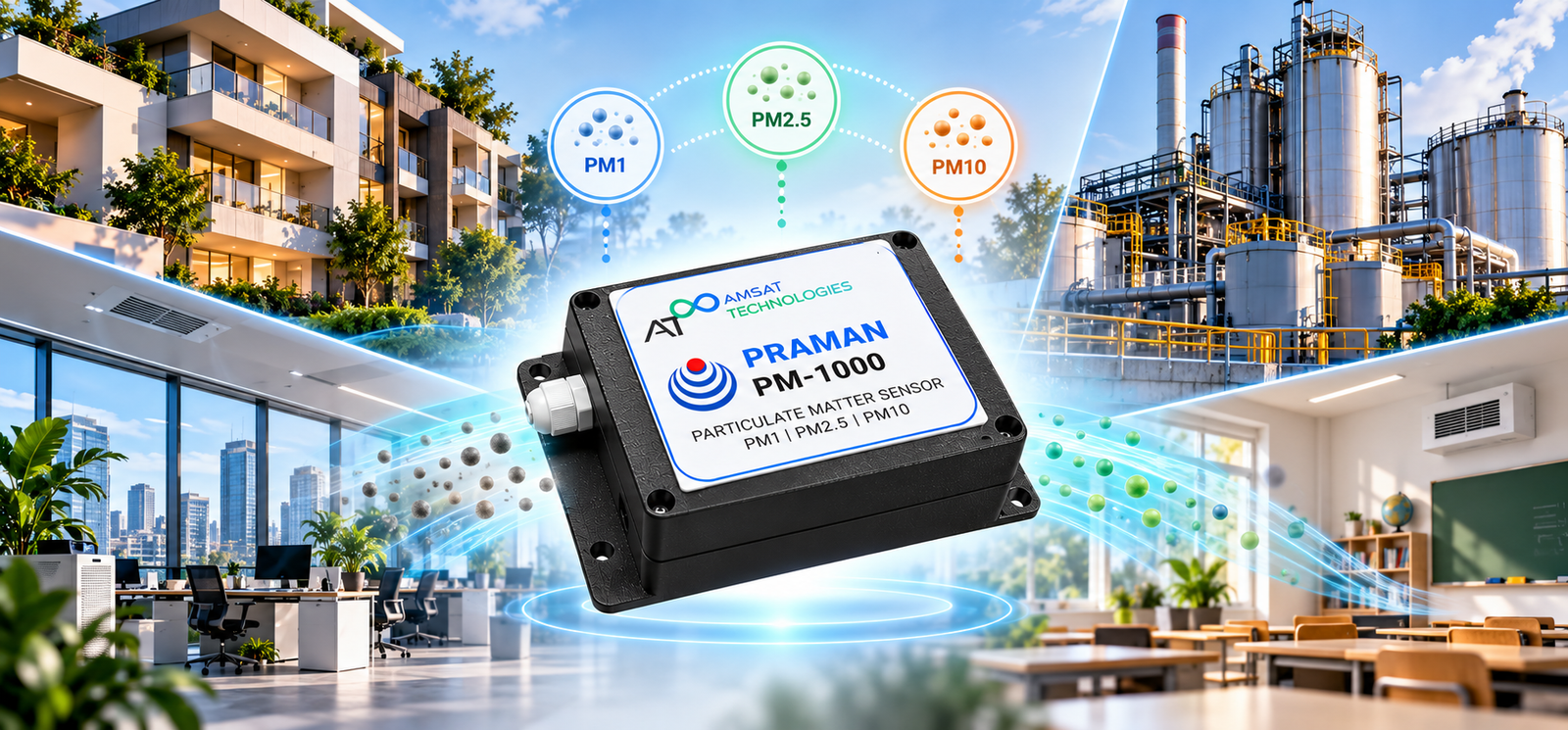 PRAMAN PM-1000 particulate matter sensor for PM1, PM2.5, and PM10 across residential, industrial, office, and school environments.