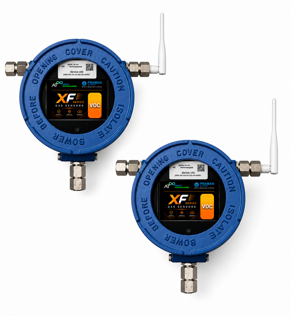 PRAMAN XF Series gas sensors — rugged fixed detectors with local display and wireless connectivity.